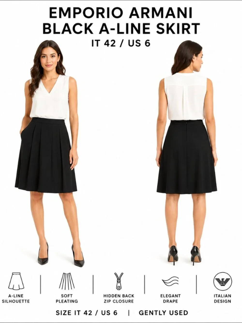 EMPORIO ARMANI BLACK A-LINE SKIRT IT 42 / US 6